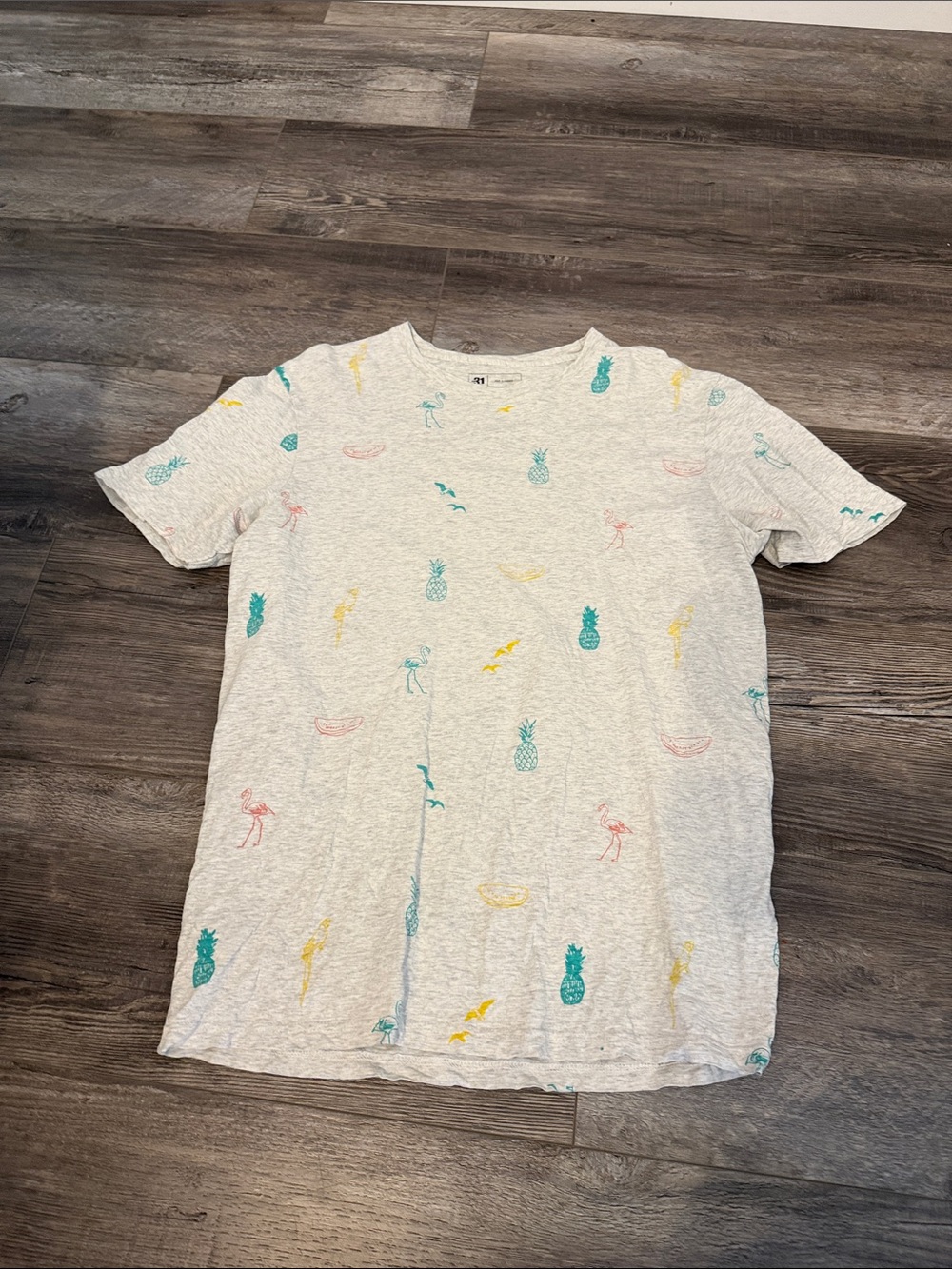 Le 31 Par Simon’s‎ Orangic Cotton Neutral Heather Gray Tropical Print Tee